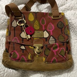 Fossil Brown Canvas Crossbody with Pink & Yellow Leaf Motif